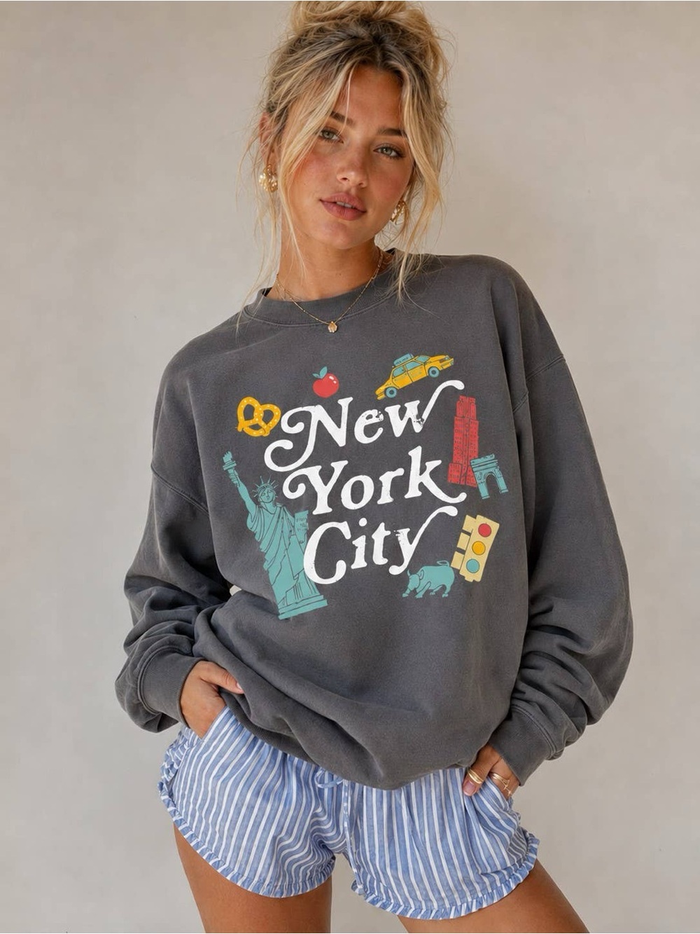 Sweet Claire New York City NYC Icons Charcoal Oversized Graphic Sweatshirt